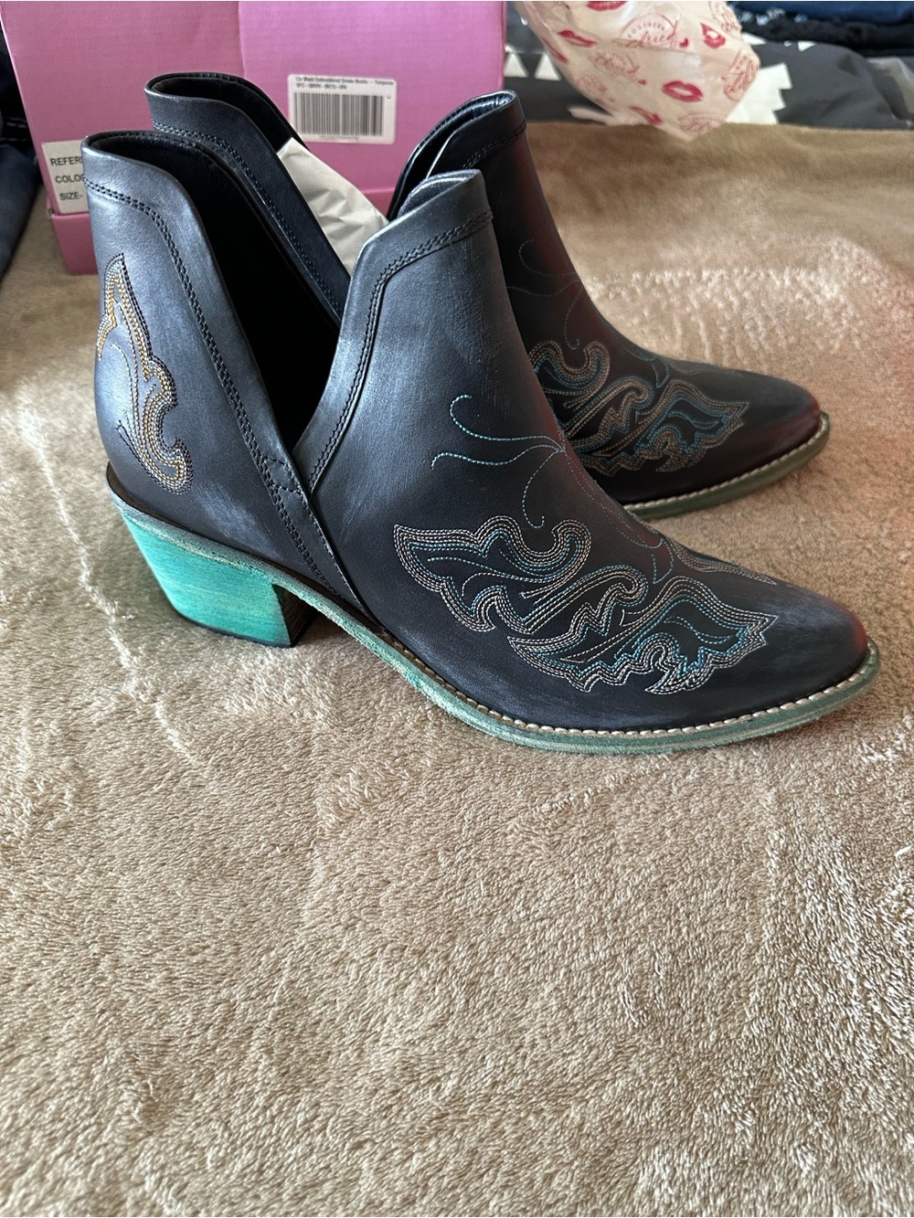 Black Distressed Leather Ankle Booties with Turquoise Accent